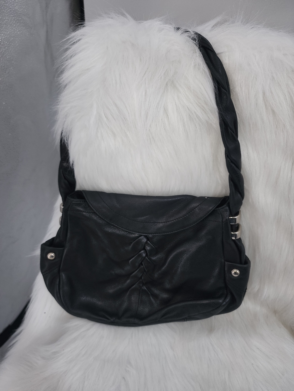 B. Makowsky hobo/shoulder bag, Black Leather, Ruched Front, Braided Strap